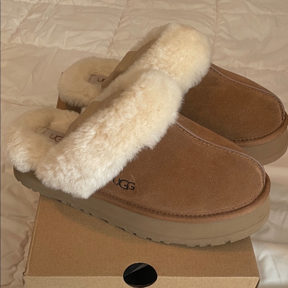 UGG Tan and Cream Disquette Sheepskin Slippers - Picture 2 of 6